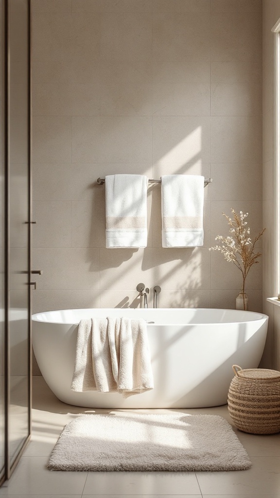 A serene bathroom featuring white organic cotton towels and a soft rug, with a modern freestanding tub and natural decor.