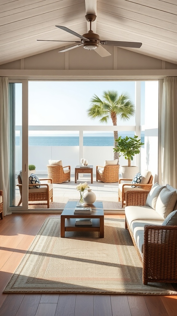 Coastal cottage living room with large windows and outdoor view