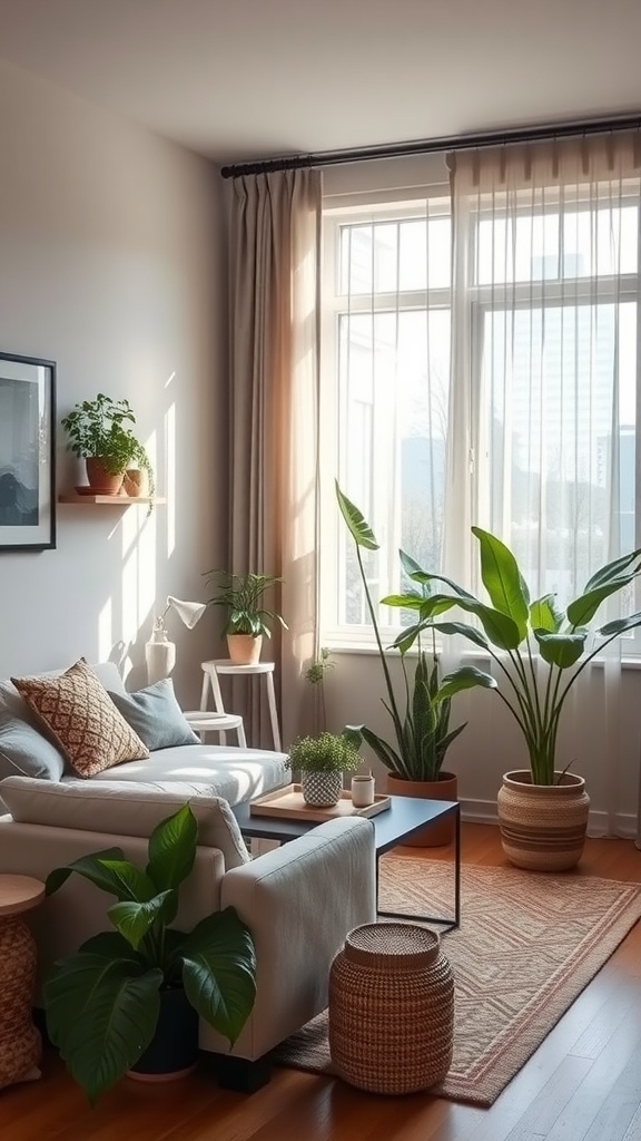 A cozy small living room filled with plants and natural light.