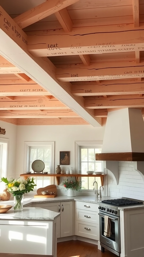 A cozy cottage kitchen featuring painted ceiling beams and warm decor.