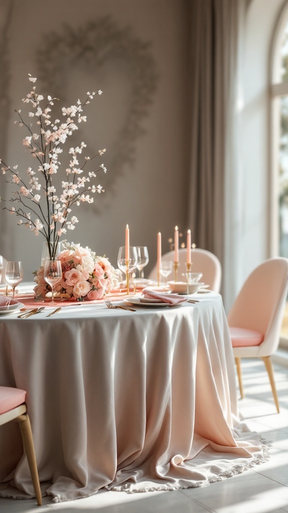 A beautifully set wedding table featuring pale coral and soft gray elements.