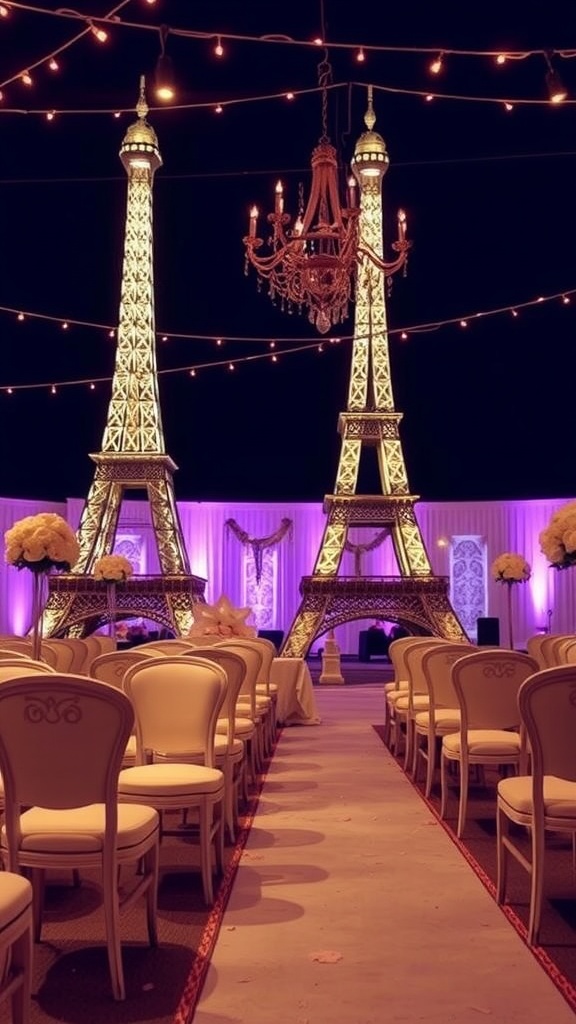 A romantic wedding setup featuring Eiffel Tower replicas and elegant decorations.