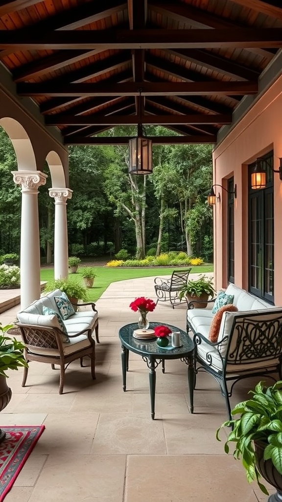 Patio featuring colonial-style outdoor furniture with lush greenery