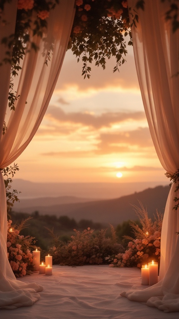 A romantic wedding setup with peach and taupe colors, featuring flowing curtains, candles, and flowers against a sunset backdrop