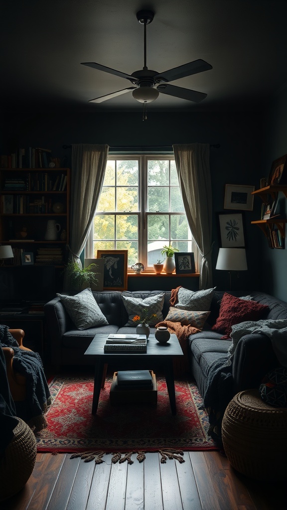 A cozy dark boho living room with a couch, coffee table, and personal mementos.