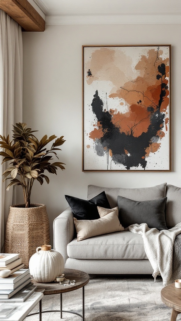A stylish black and rust living room featuring abstract art, cozy furnishings, and decorative elements.
