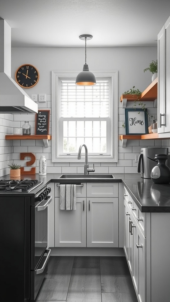 A modern black and white kitchen with personal decor elements.