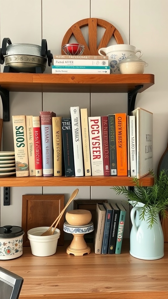 A cozy kitchen shelf displaying various personalized cookbooks and kitchenware.