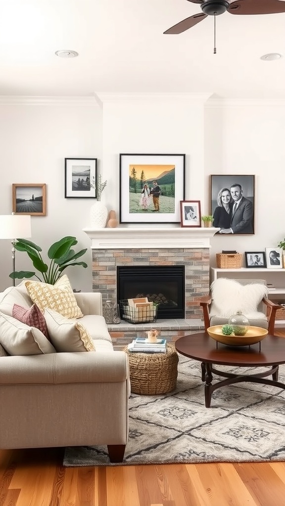 A cozy living room with personalized decor including family photos and stylish furniture.