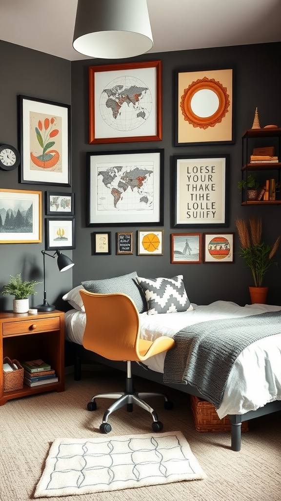 A stylish room featuring a bed, desk, and personalized wall decor.