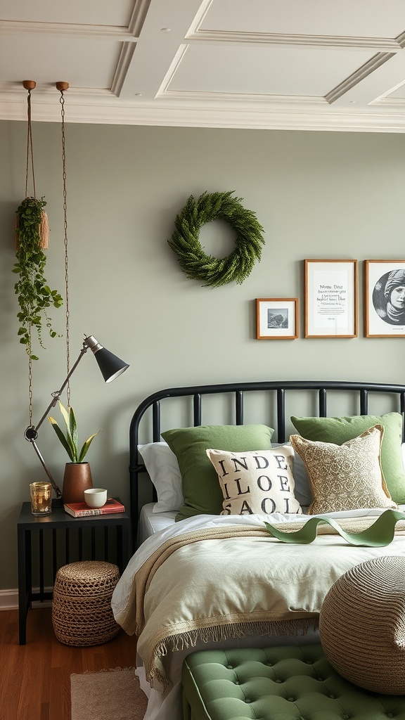 A serene sage green bedroom featuring personalized decor with rattan touches.