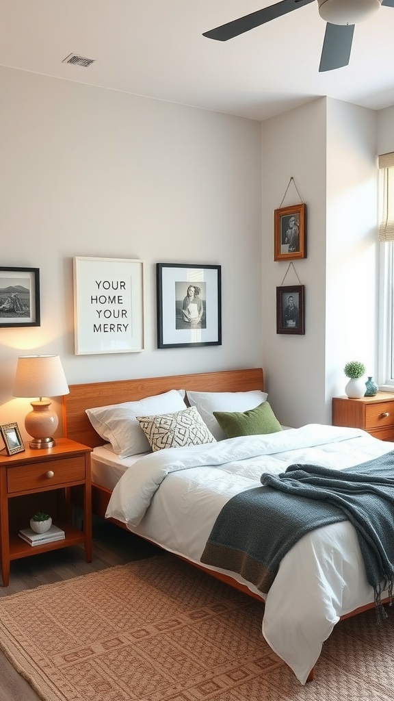 A cozy bedroom with personalized decor, featuring framed pictures and decorative pillows.