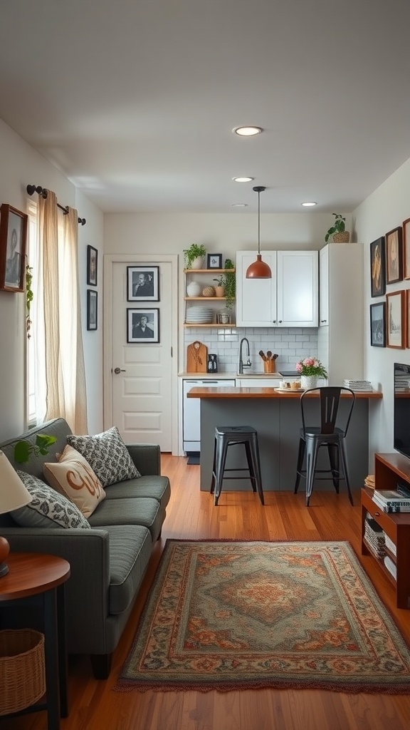 Small living room kitchen combination with decorative touches