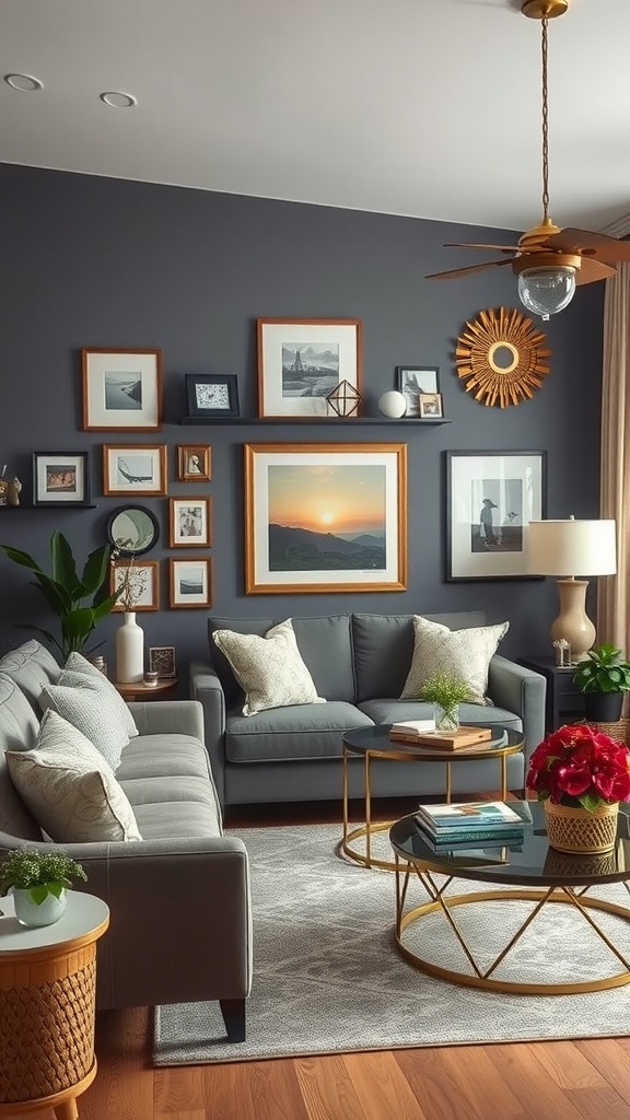Coastal cottage living room with personalized decor elements.