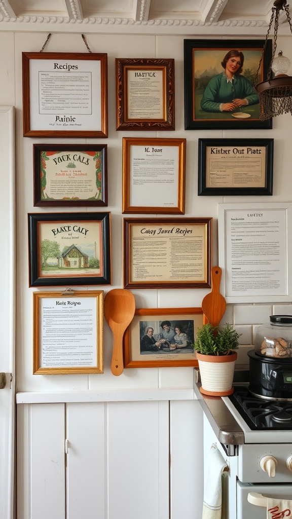 A cozy cottage kitchen wall adorned with family recipes in frames, alongside decorative wooden spoons and a potted plant.