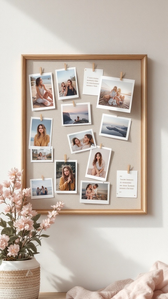 A personalized photo display with multiple pictures pinned on a board, surrounded by a plant.