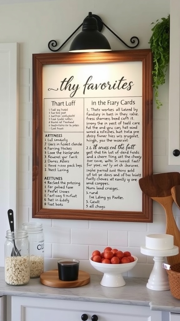 A chalkboard recipe board displaying family favorites in a cozy kitchen setting.