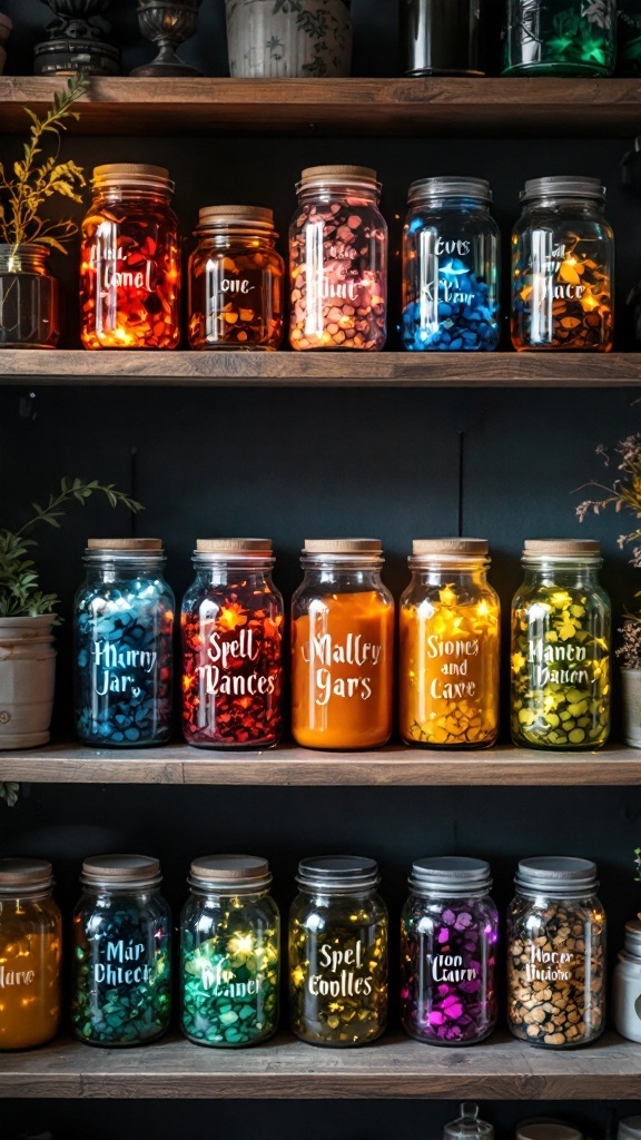 A collection of colorful spell jars on wooden shelves.