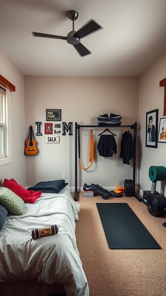 A cozy teen bedroom with a workout area featuring weights, a mat, and sports gear.