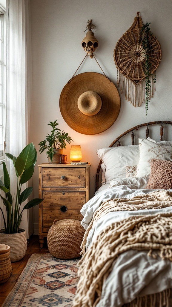 A cozy boho farmhouse bedroom featuring a bed with textured blankets, a wooden nightstand, and decorative wall hangings.
