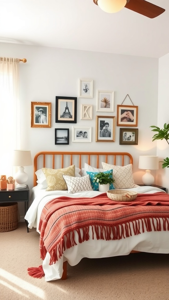 A cozy boho bedroom featuring a bed with colorful pillows, a woven blanket, and a gallery wall of framed photographs.