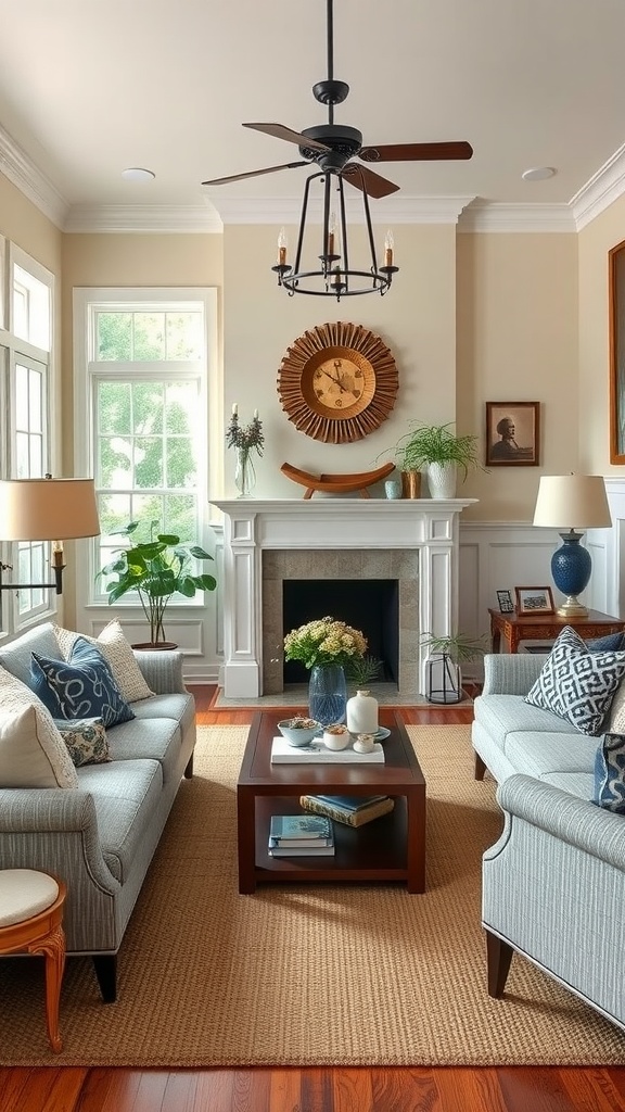 A cozy living room featuring light gray sofas, decorative pillows, a coffee table with books and plants, and a warm atmosphere.