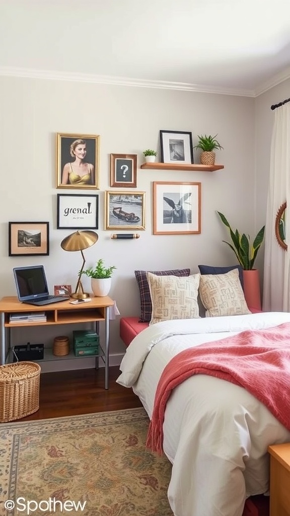 Cozy guest bedroom and office with a desk, wall art, and plants.