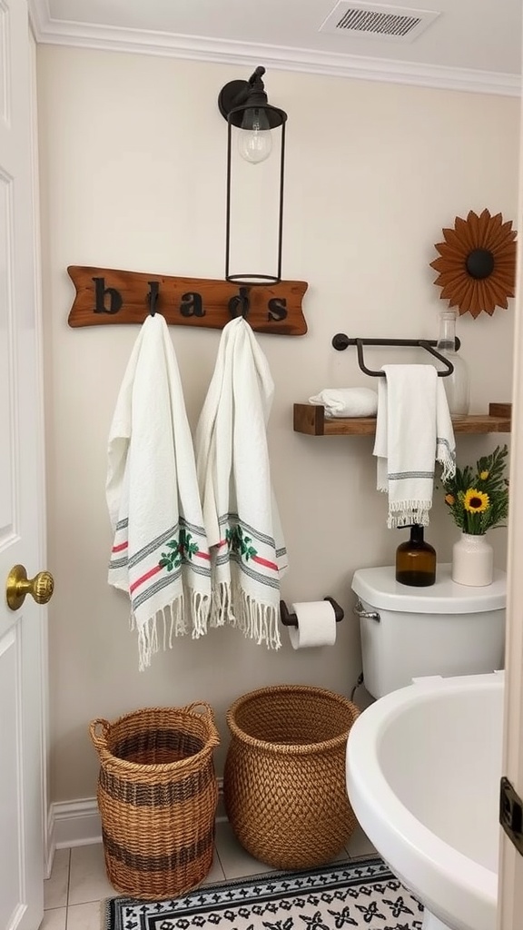 A cozy bathroom with personalized towel racks and decorative elements.
