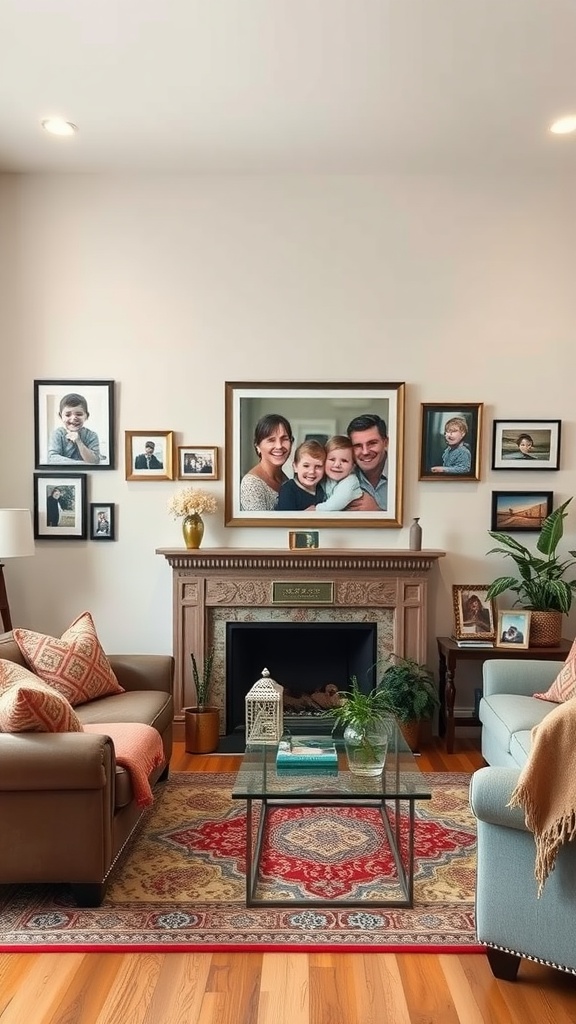 A cozy living room featuring a gallery wall of family photos above a fireplace, with comfortable seating and colorful decor.