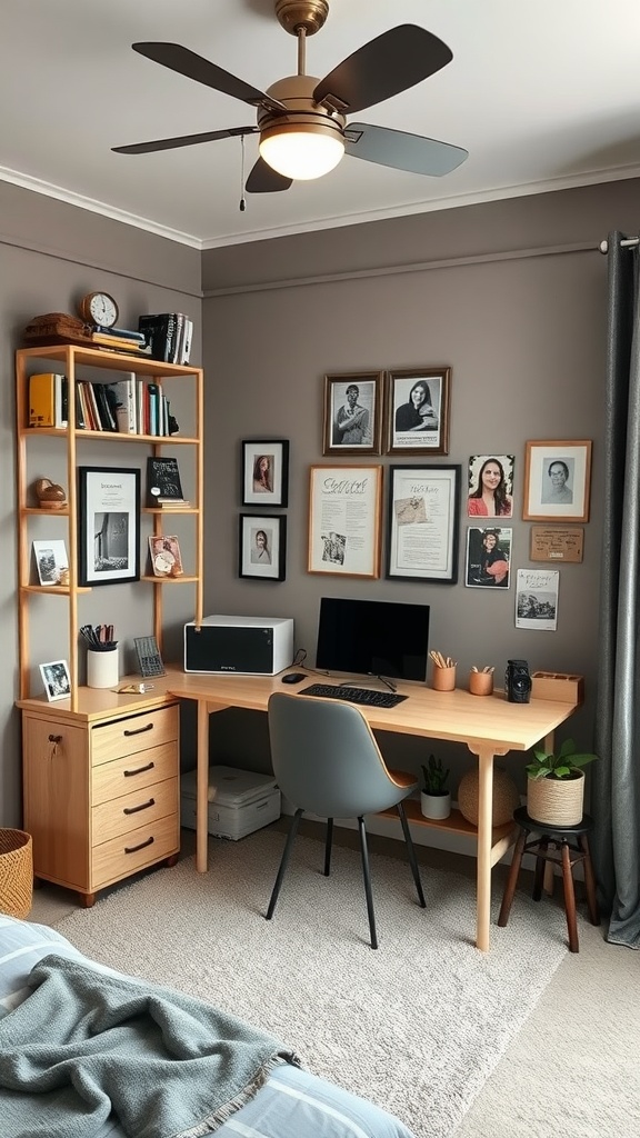 A cozy workspace featuring a desk with a computer, shelves of books, and framed photos.