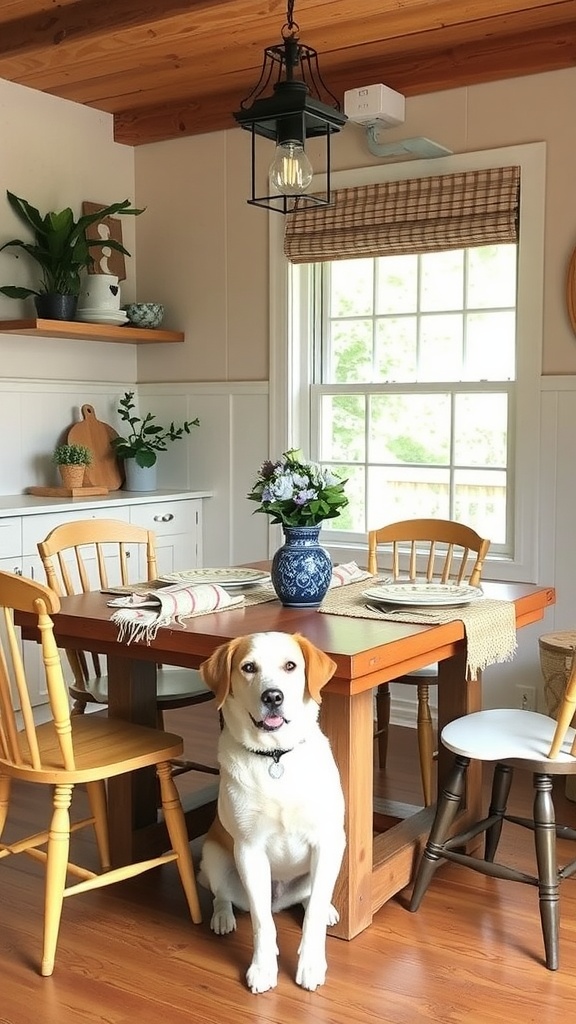 A charming kitchen table setting with a tablecloth, plates, and several pets including dogs and a cat.
