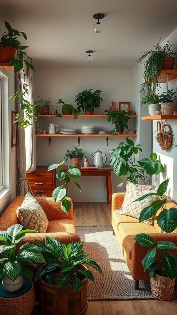 A cozy living room and kitchen combination filled with various indoor plants, showcasing a warm and inviting atmosphere.