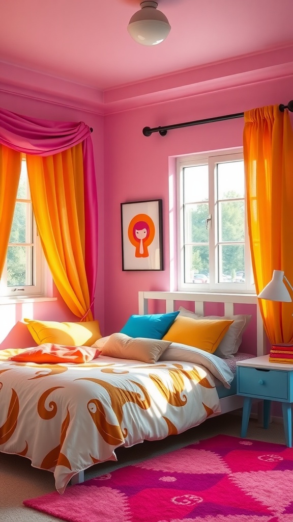 A colorful bedroom with pink walls, orange and yellow curtains, and a lively bedspread.