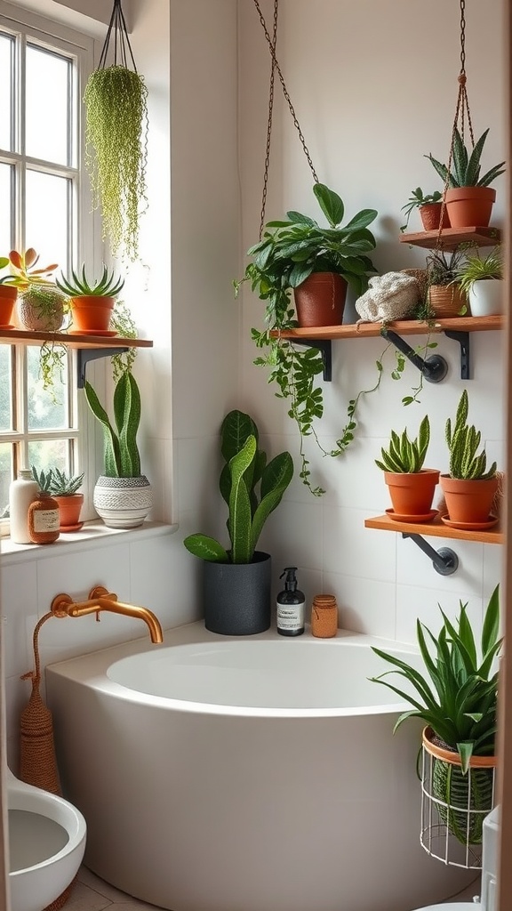 A cozy bathroom setup featuring various potted succulents on shelves and in decorative pots
