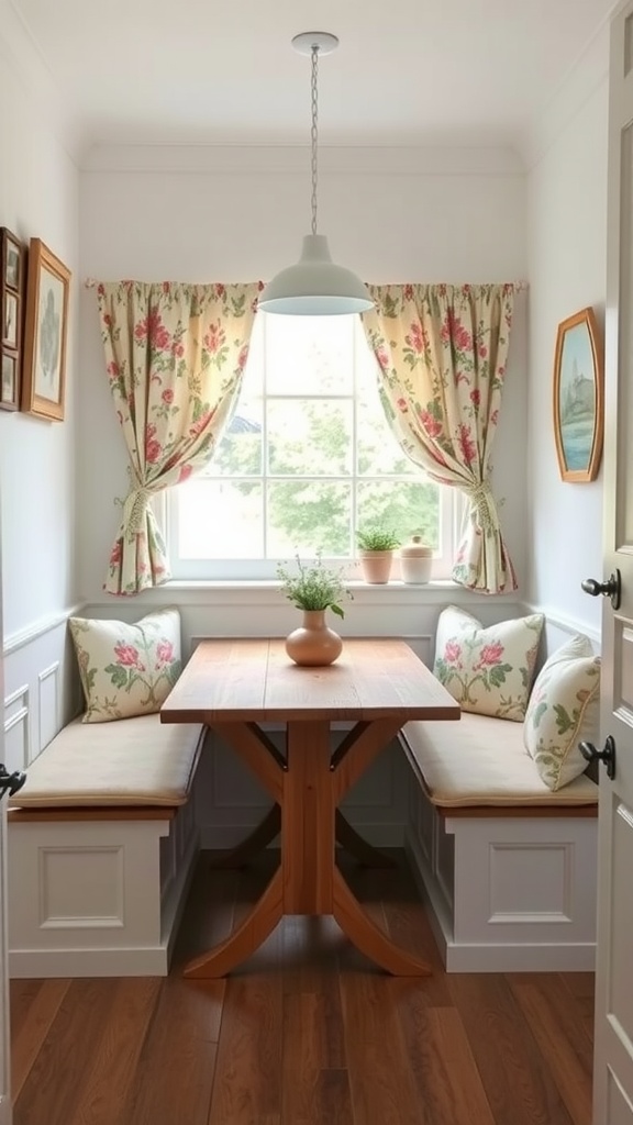 Cozy breakfast nook with floral curtains and wooden table