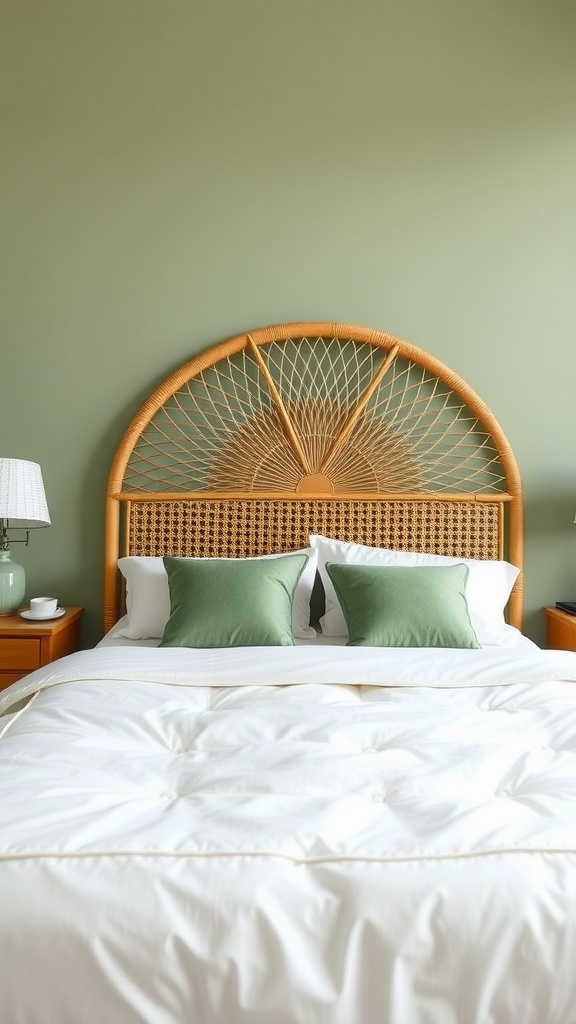 Cozy sage green bedroom featuring a rattan headboard and decorative pillows.