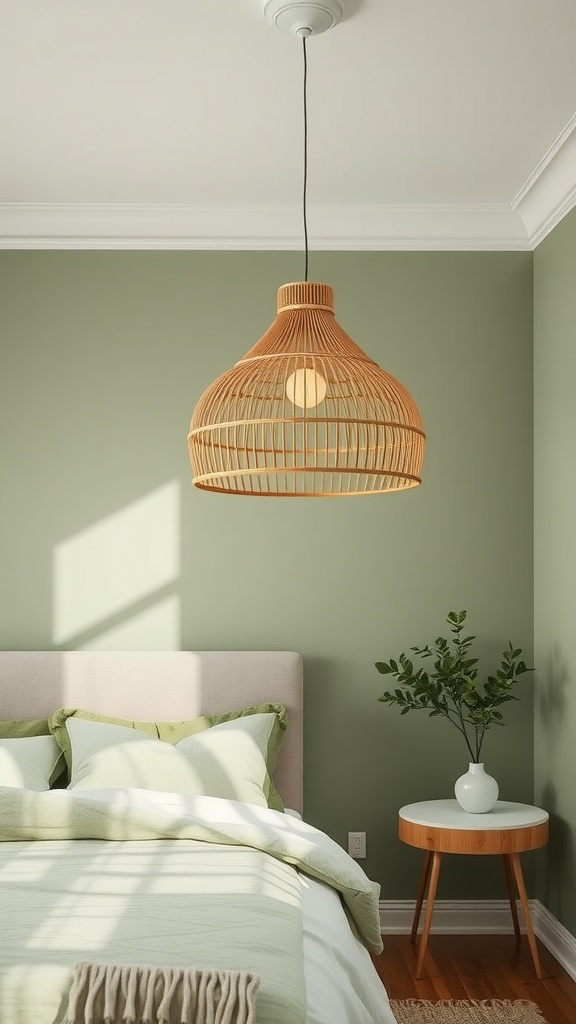 A cozy bedroom featuring sage green walls and a rattan light fixture hanging from the ceiling.