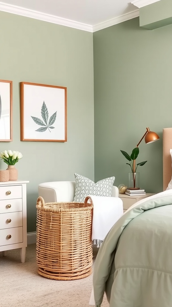 A cozy sage green bedroom featuring rattan storage solutions and soft decor.