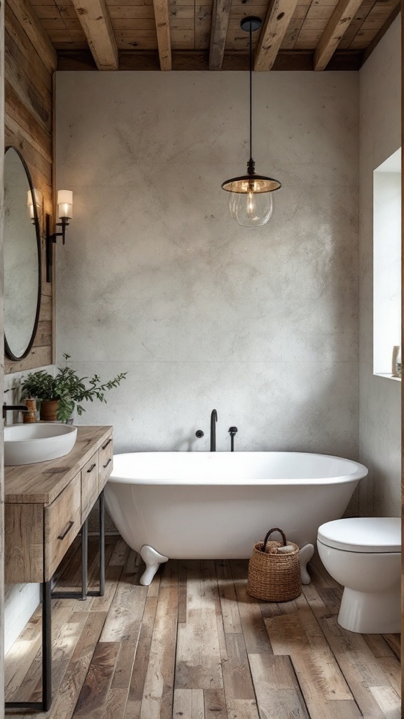 A cozy bathroom featuring reclaimed wood and vintage elements