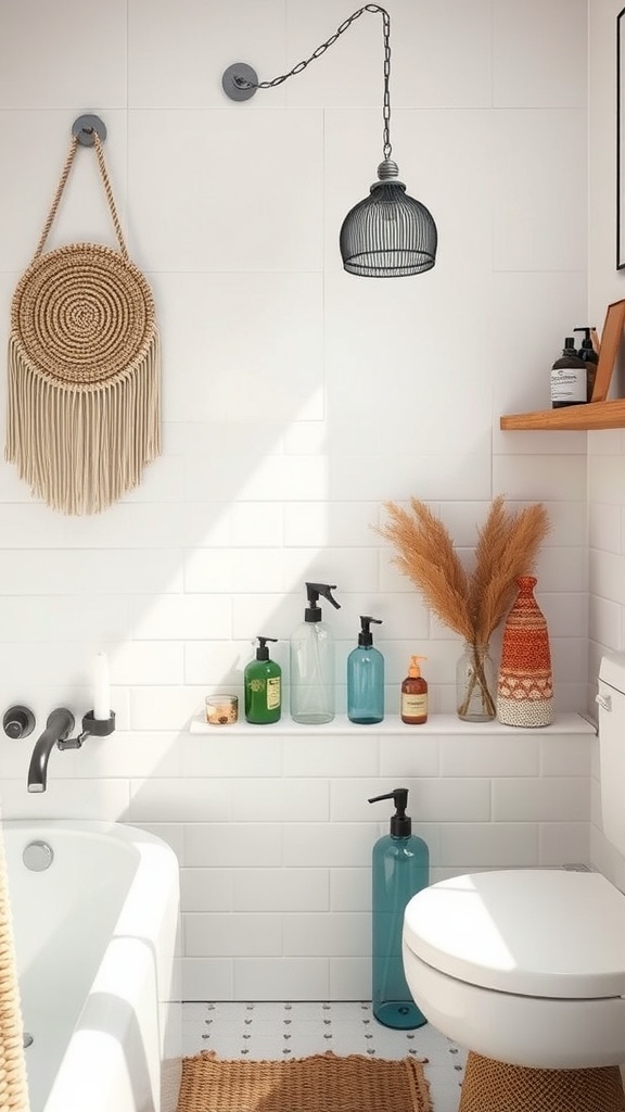 A bright bathroom featuring recycled glass decor items on a shelf.