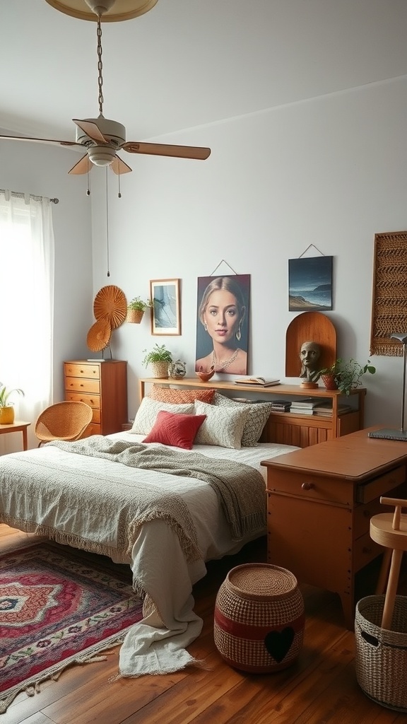 A cozy boho bedroom featuring repurposed furniture like a vintage dresser and an old chair.