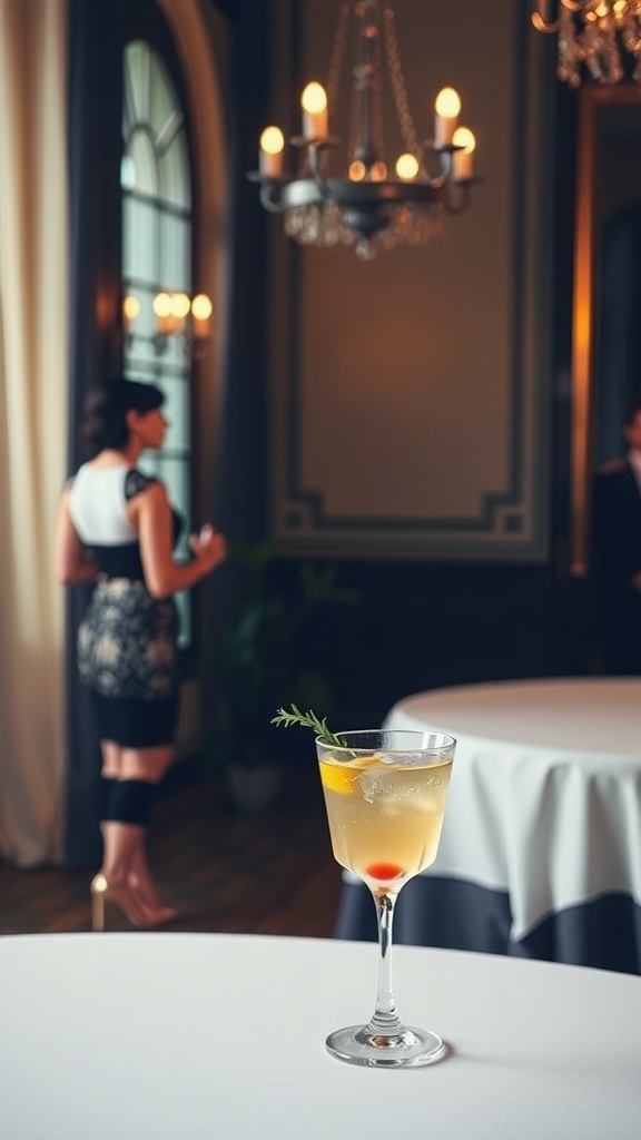 A glamorous cocktail on a table with a dressed guest in the background.