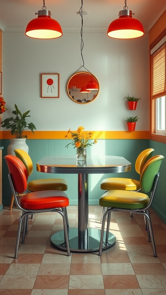 A small retro style kitchen table with colorful chairs in a bright setting.