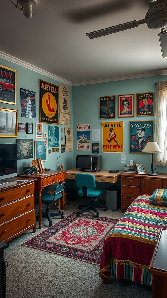 A well-decorated retro-themed teen bedroom with colorful posters and vintage furniture.