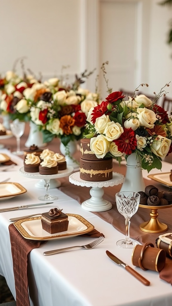 A display of flowers and natural elements on a rich chocolate brown background.