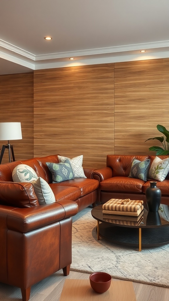Living room with brown leather seating and decorative cushions.