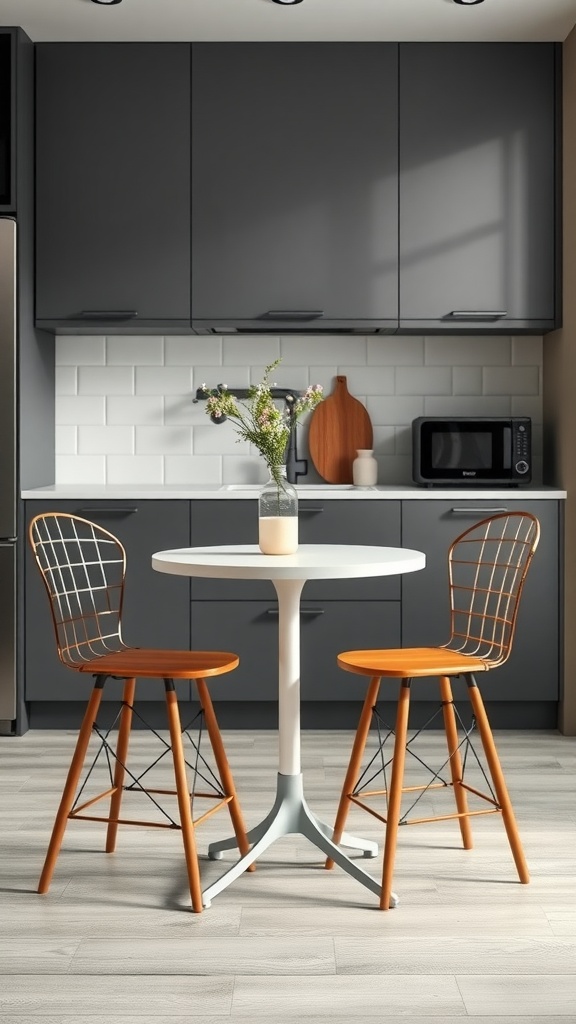 A round bistro table with two orange chairs in a modern kitchen setting.
