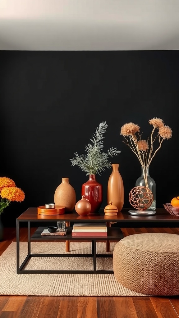 Decorative accessories in rust hues against a black living room backdrop