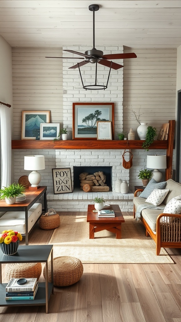 Coastal cottage living room featuring rustic and modern elements.