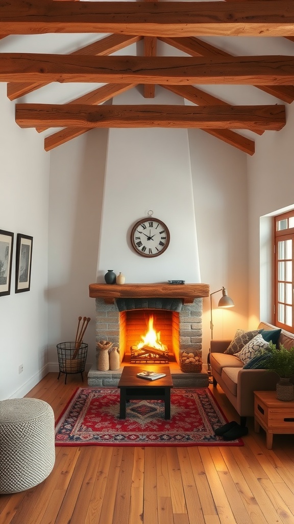 A cozy rustic living room featuring wooden beams, a stone fireplace, and warm lighting.